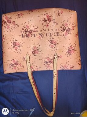 Coach Floral Print Pink Tote with Cream Handles